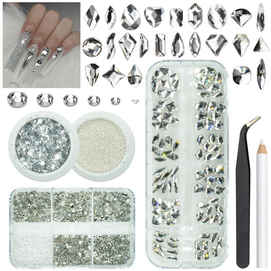 4 Boxes Silver Clear Nail Rhinestones and Glitters 24 Shapes K9 Glass Crystal White Gems Flatback Round Stones Diamonds Crystals Nail Art Charms for Nails Face Eyes Makeup DIY Crafts Tumblers