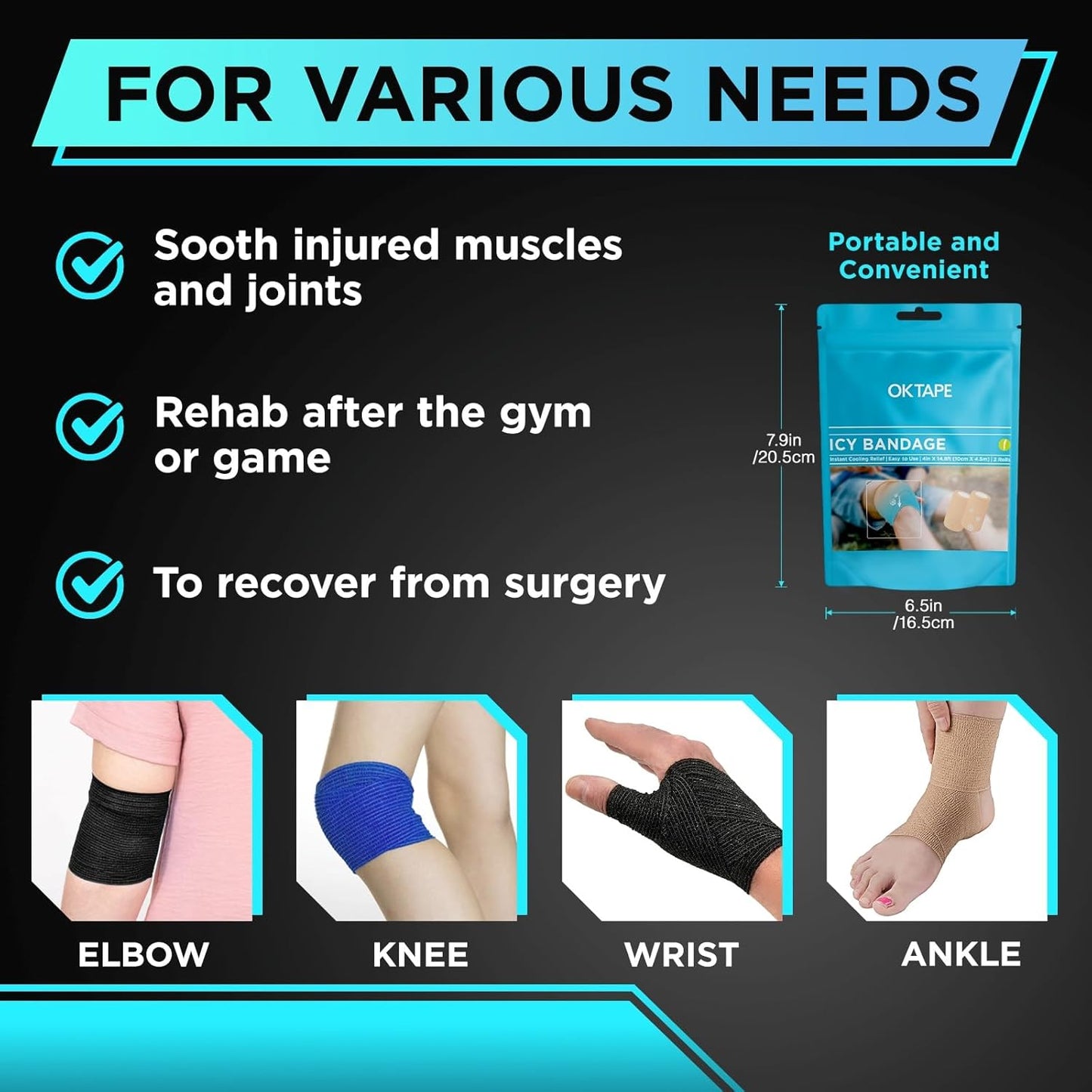 OK TAPE Ice Self Stick Bandage Wrap, Instant Cold Relief for Knee, Ankle, Wrist, Cold Compress Elastic Athletic Tape for Sports Injuries, No Refrigeration Needed, 4 Inch x 15 Feet, 2 Rolls, Black