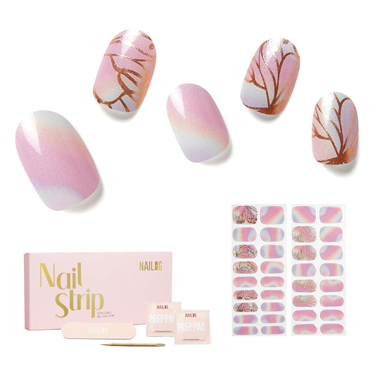 Semi Cured Gel Nail Strips - NAILOG 34 Pcs Rainbow Butterfly Gel Nail Stickers Pink Extra Long Nail Wraps with Glossy Gel Finishing for Spring Summer, Flying Wings