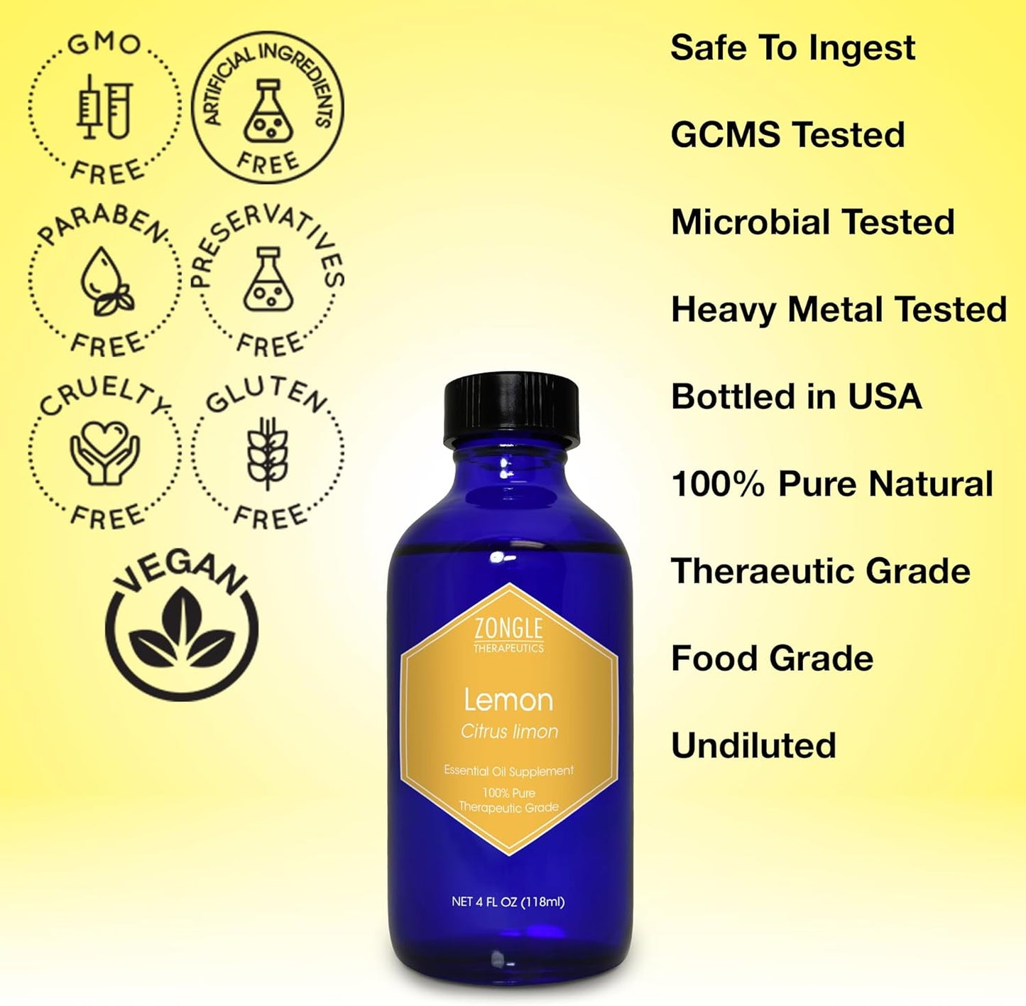 Lemon Essential Oil, Food Grade, for Cooking, Baking – 100% Pure, Lemon Oil, by Zongle Therapeutics, 4 OZ