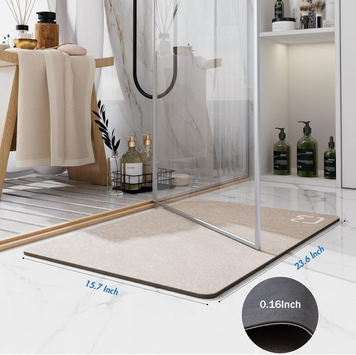 Diatomaceous Earth Bath mat Super Absorbent Bath Mat Non Slip Fast Drying Shower Rugs Stone Bath Mat for Bathroom Thin Bathroom Floor Mats Fit Under Door, Machine Washable, 15.7" x 23.6", Taupe