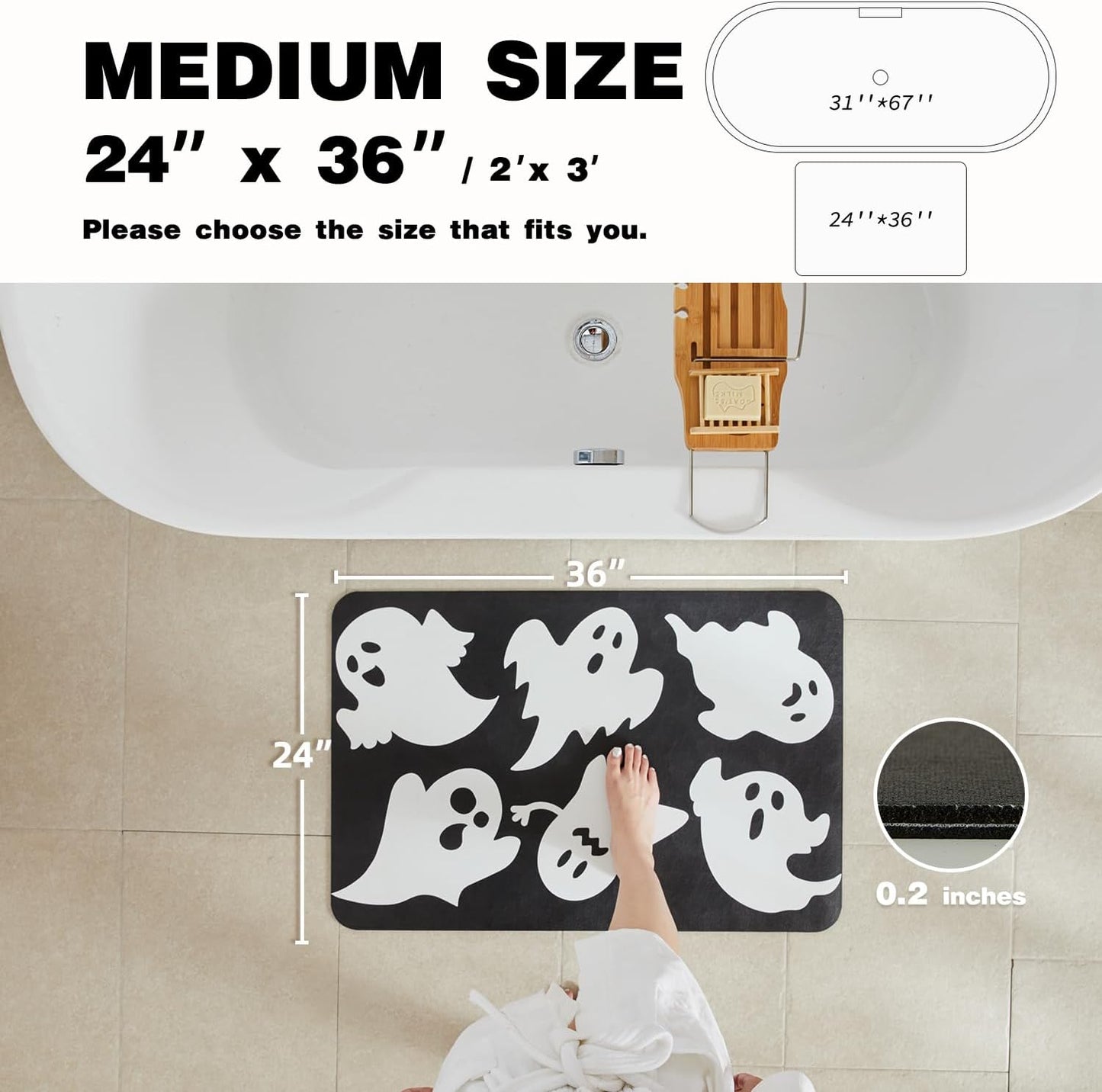 Halloween Bath Mat, Thin Halloween Bathroom Rug Non Slip Quick Dry Ghost Bath Mat Fits Under Door Thin Floor Mat Halloween Decor, 24''x36'', Ghosts Black