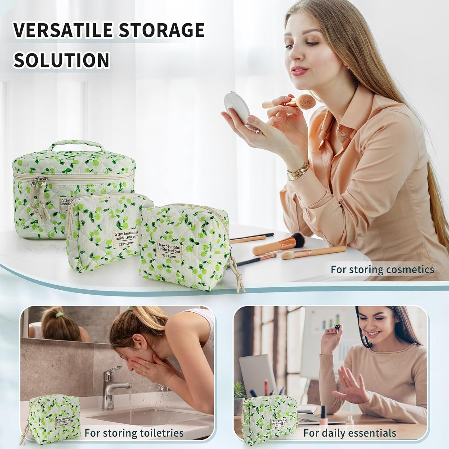 Cute Quilted Floral Makeup Bag(3Pcs)，Coquette Aesthetic Cosmetic Bag，Travel Toiletry Bags， Kawaii Aesthetic pouch for Women (6 - Green Fruit)