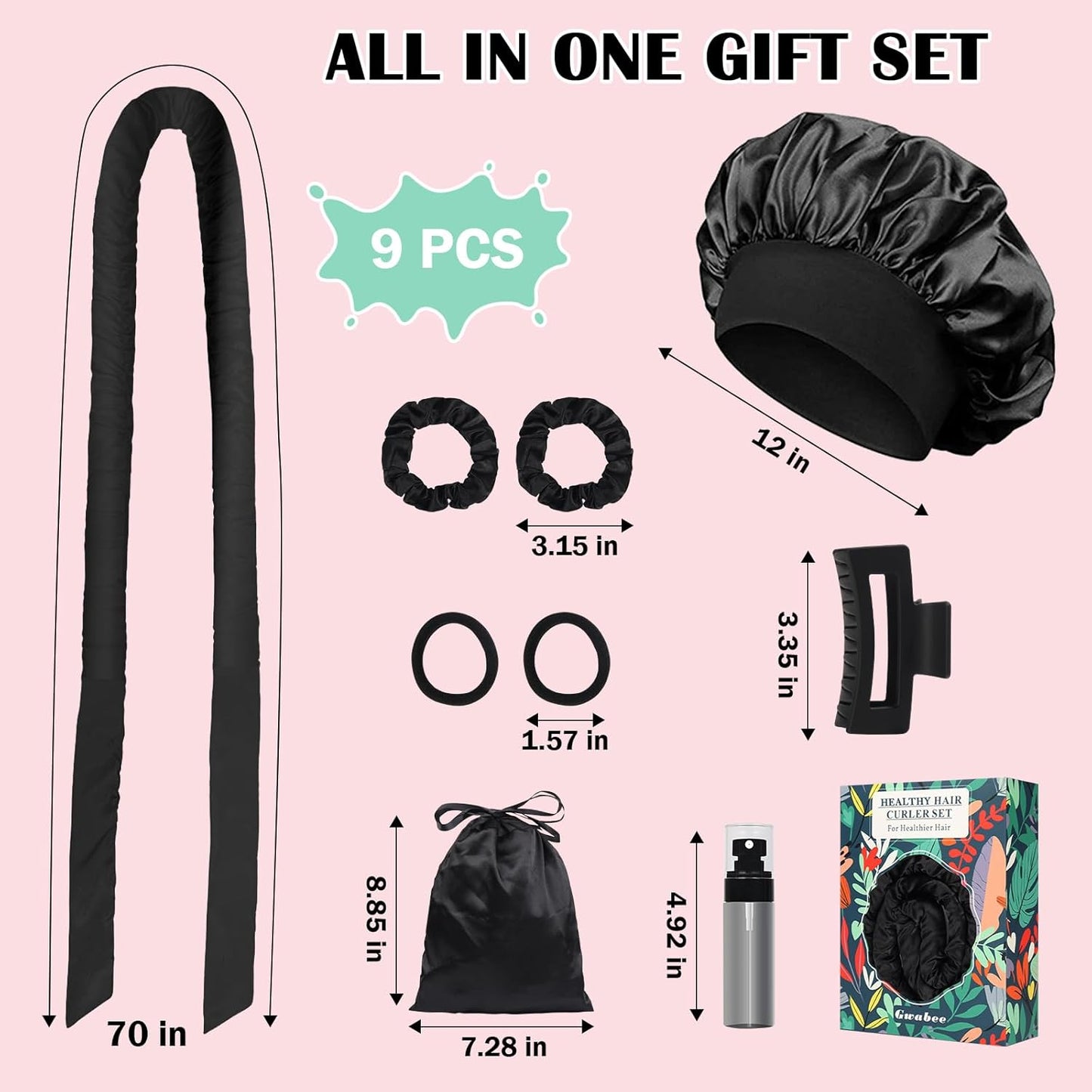 Satin Heatless Curls Overnight Hair Curlers to Sleep In Hair Curler Rollers No Heat Hair Wrap for Curls Headband, 70" Satin Heatless Curling Rod Set for Women Long Waves Hair Volume -Black 9PCS