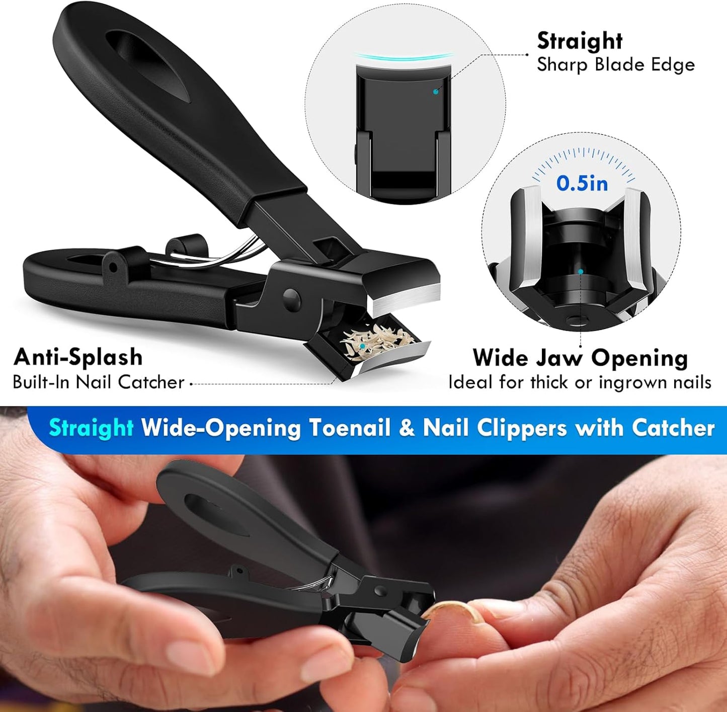 Professional Ingrown Toenail Tools Kit for Seniors,Wide Jaw Straight Nail Clippers,Large Angled Nail Clipper Cutters for Heavy Duty Thick Toe Nails or Fingernail,Manicure Set for Men Women