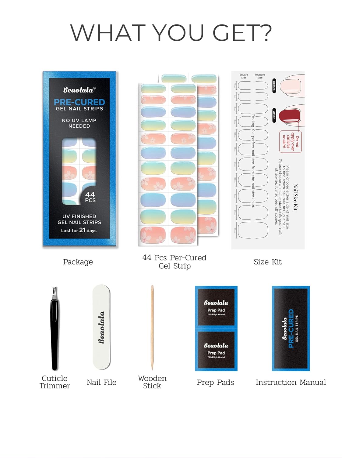 Pre Cured Gel Nail Strips - 44PCS Salon Quality Gel Nail Stickers - Long Lasting Polish Wraps for Women no UV Light Needed Easy Apply& Remove (Sorbet Blue）