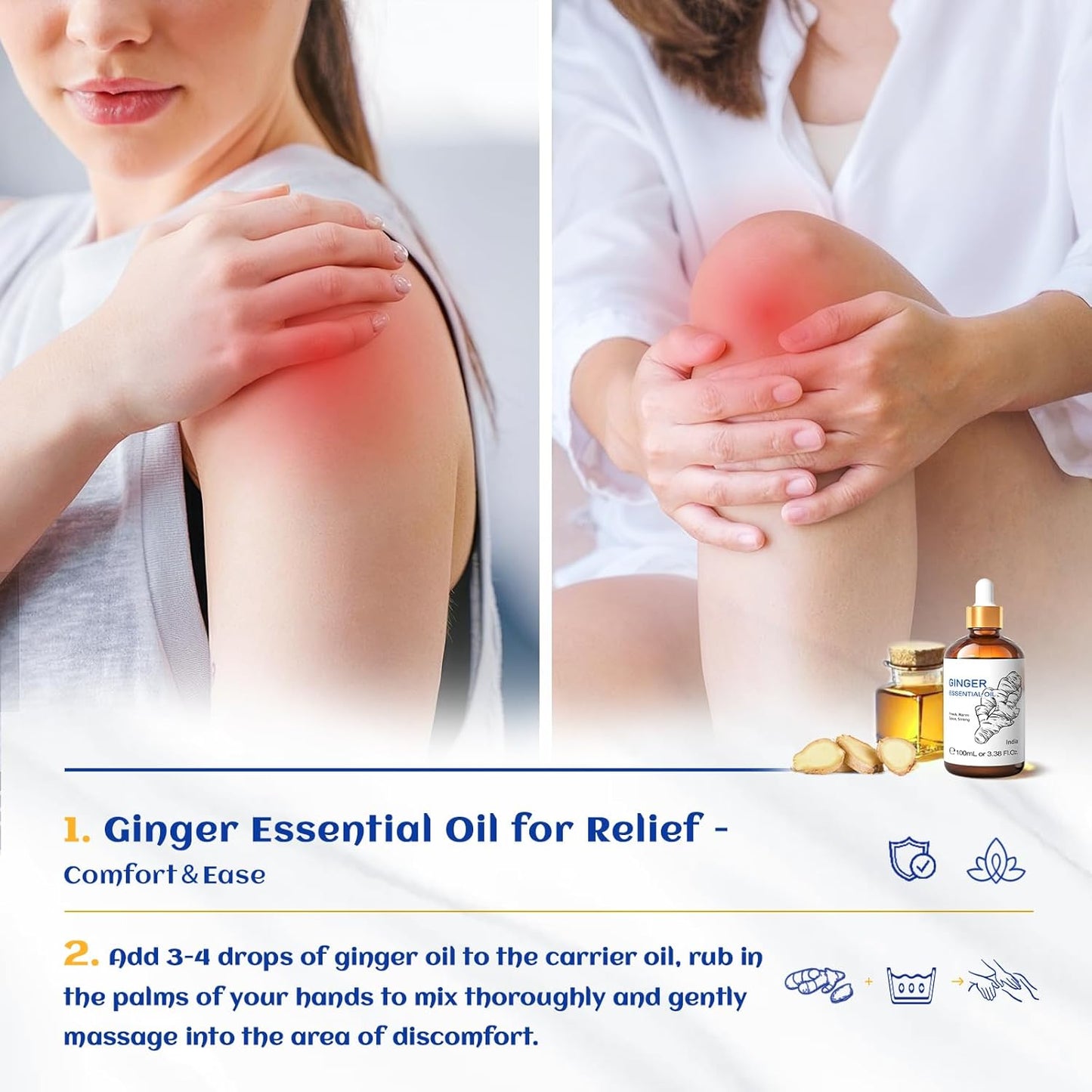 HIQILI Pure Ginger Essential Oil 3.38 Fl Oz, Pure Natural Premium Ginger Oil for Massage, Diffuser, Large Bottle with Dropper & Gift Box -100ml