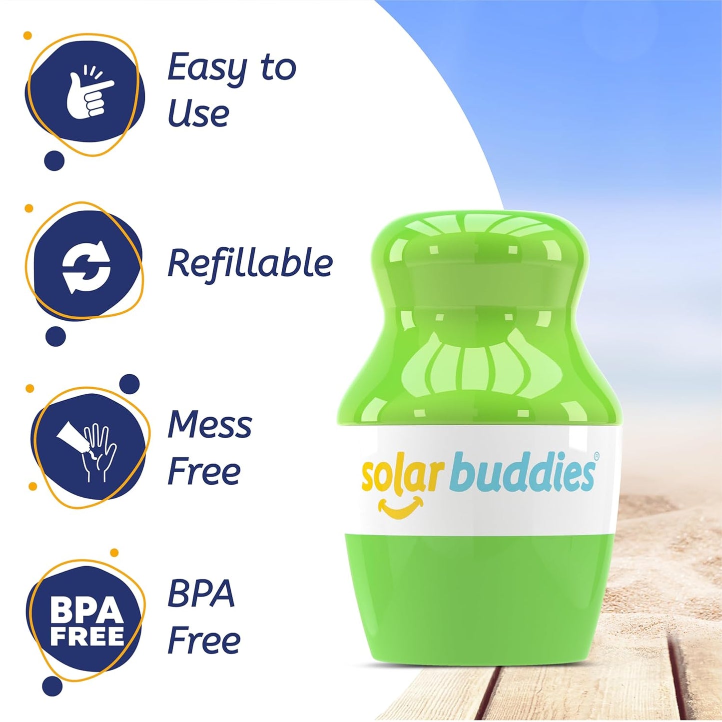 Solar Buddies Sunscreen Applicator - Single Full Green - Refillable Roll on Sponge Sunscreen, Suncream & Lotion Applicator For Kids, Adults & Families - Holds 3.4fl oz, Perfect Size for Travel