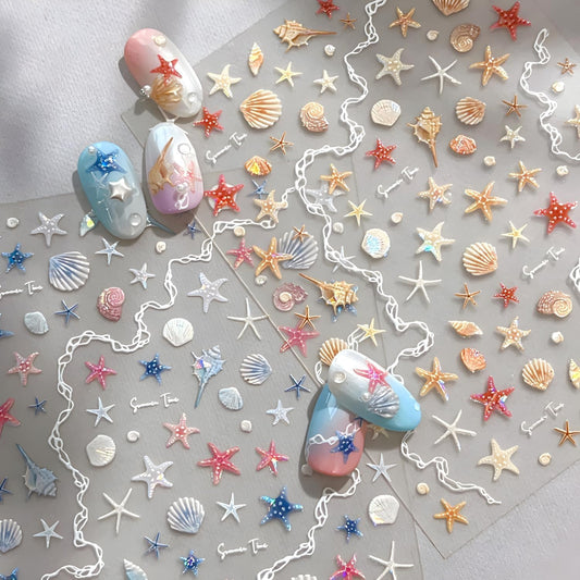 2 Sheets Starfish Nail Stickers for Nail Art 5D Embossed Ocean Nail Decals Summer Nail Stickers Colorful Nail Art Supplies Design Accessories for Women Acrylic Manicure DIY Decoration