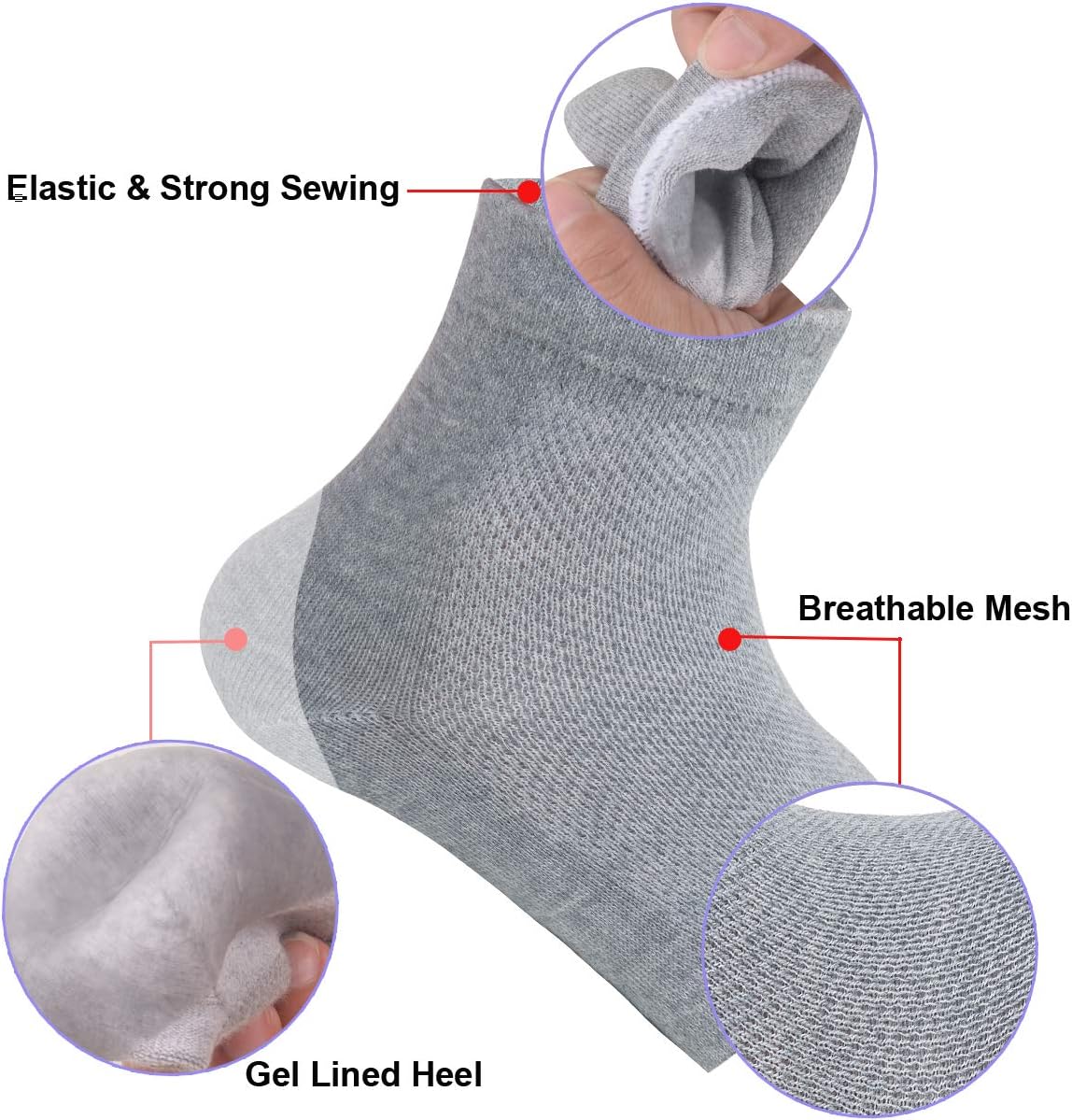 Vented Moisturizing Gel Heel Socks, 3 Pairs Toeless Spa Sock for Foot Care Treatment, Cracked Heels, Dry Feet, Foot Calluses (Grey)