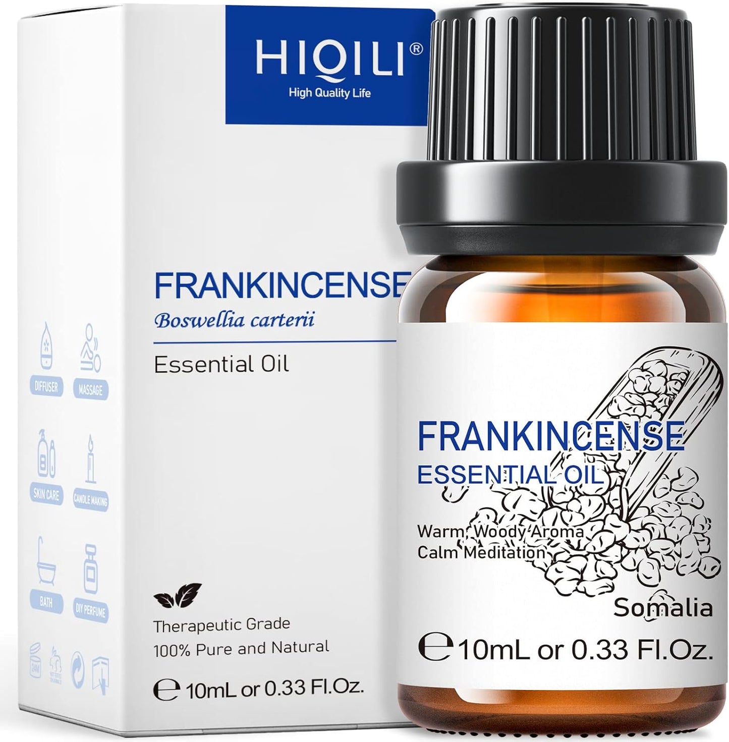 HIQILI 0.33 Fl Oz Frankincense Essential Oil, Relaxing, Skin Care, Camp Atmosphere Creation, Can be Added to Body Lotions, Creams, Aromatherapy Use - 10ml
