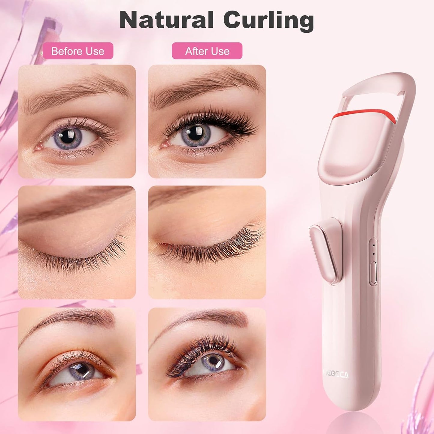Heated Eyelash Curler Professional - Eye Lashes Curler with Innovative Heating Silicone, Electric Eyelashes Curler with 600mAh Rechargeable Battery EC4001 (Pink)