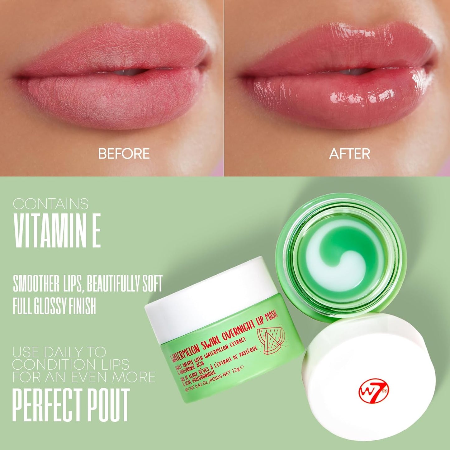 W7 Sweet Dreams Overnight Watermelon Swirl Lip Mask - Watermelon Fruit Extract & Hyaluronic Acid - For Hydrated, Full Looking & Irresistible Lips