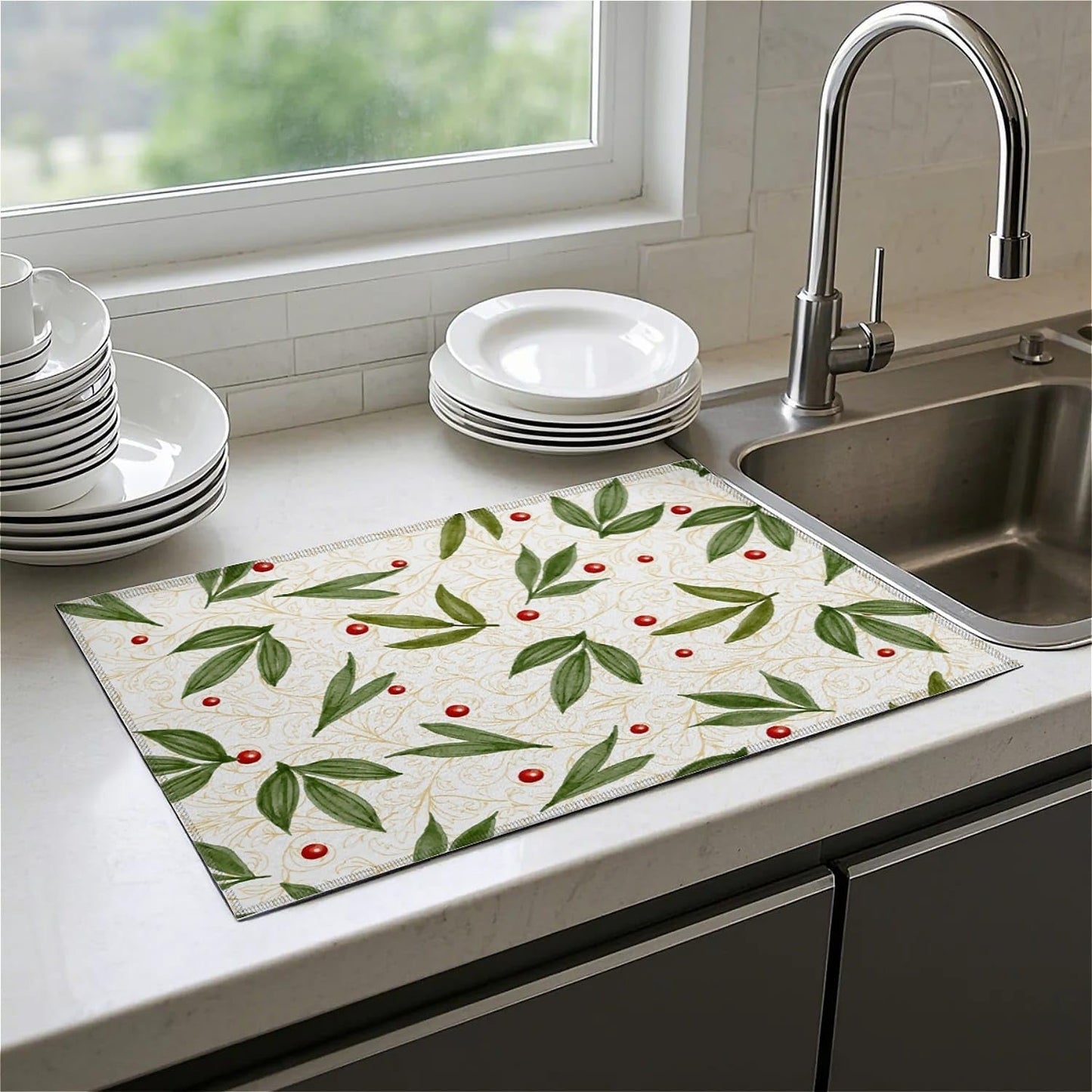 Dish Drying Mat For Kitchen Counter, Green Leaves Beige Microfiber Absorbent Dish Drainer Rack Pad Reusable Large 18x24in Drying Mat