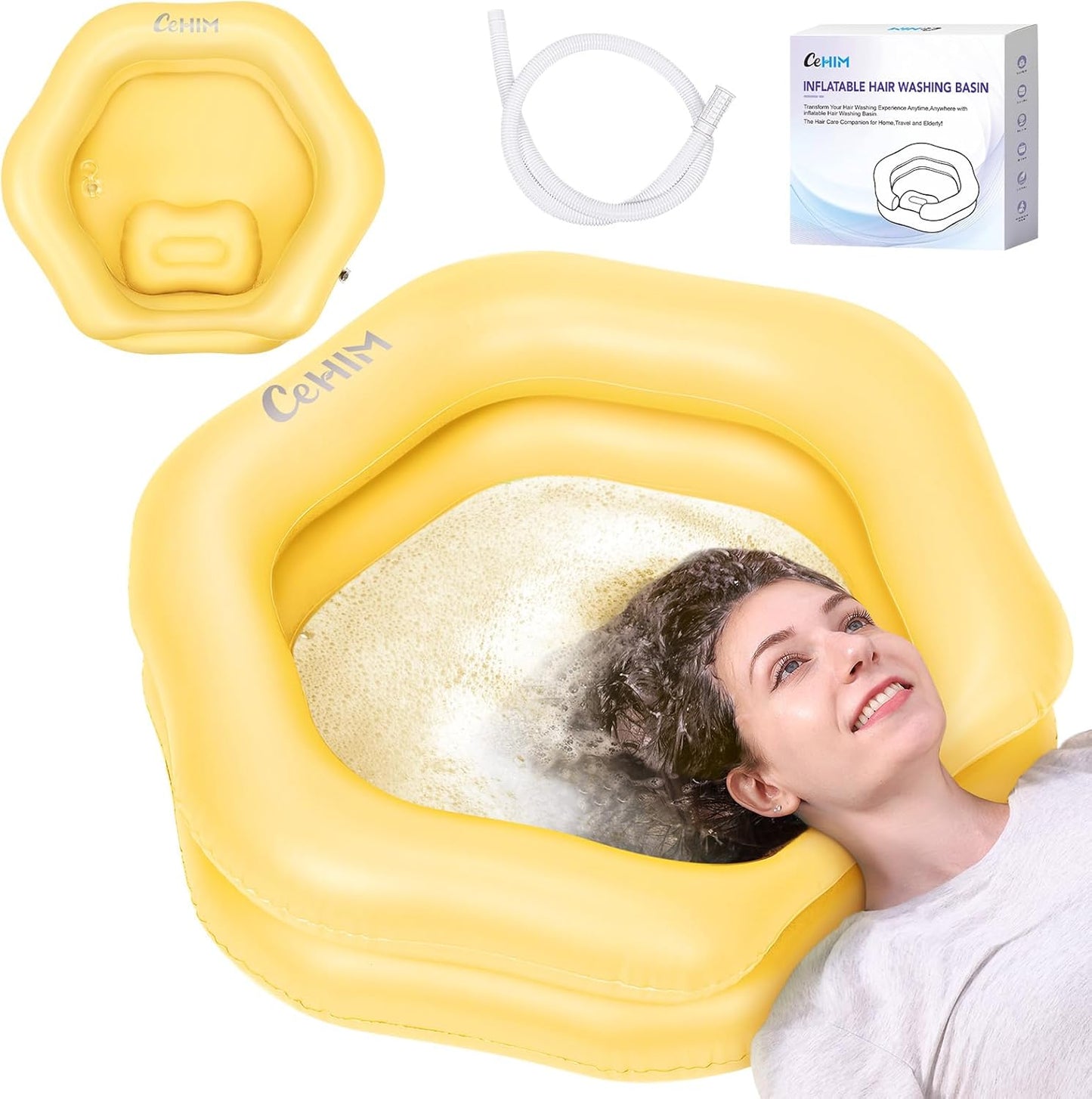 Inflatable Shampoo Basin for Bedridden, Elderly & Disabled - Petal-Shape Large Size, 360° Neck Support, Central Drain Hole with Pull Ring | Leak-Proof PVC Portable Hair Washing Bowl (Yellow)