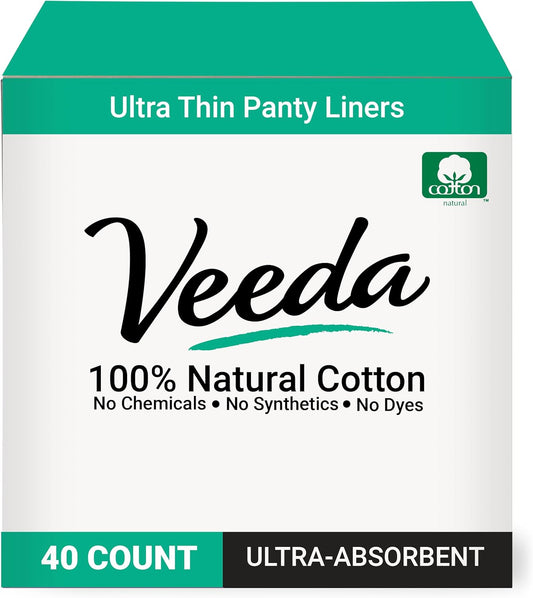 Veeda Natural Cotton Ultra Thin Panty Liners for Women - Breathable Thin Daily Liners are Always Chlorine, and Toxin Free - Hypoallergenic & Comfortable Pantyliners - 40 Count