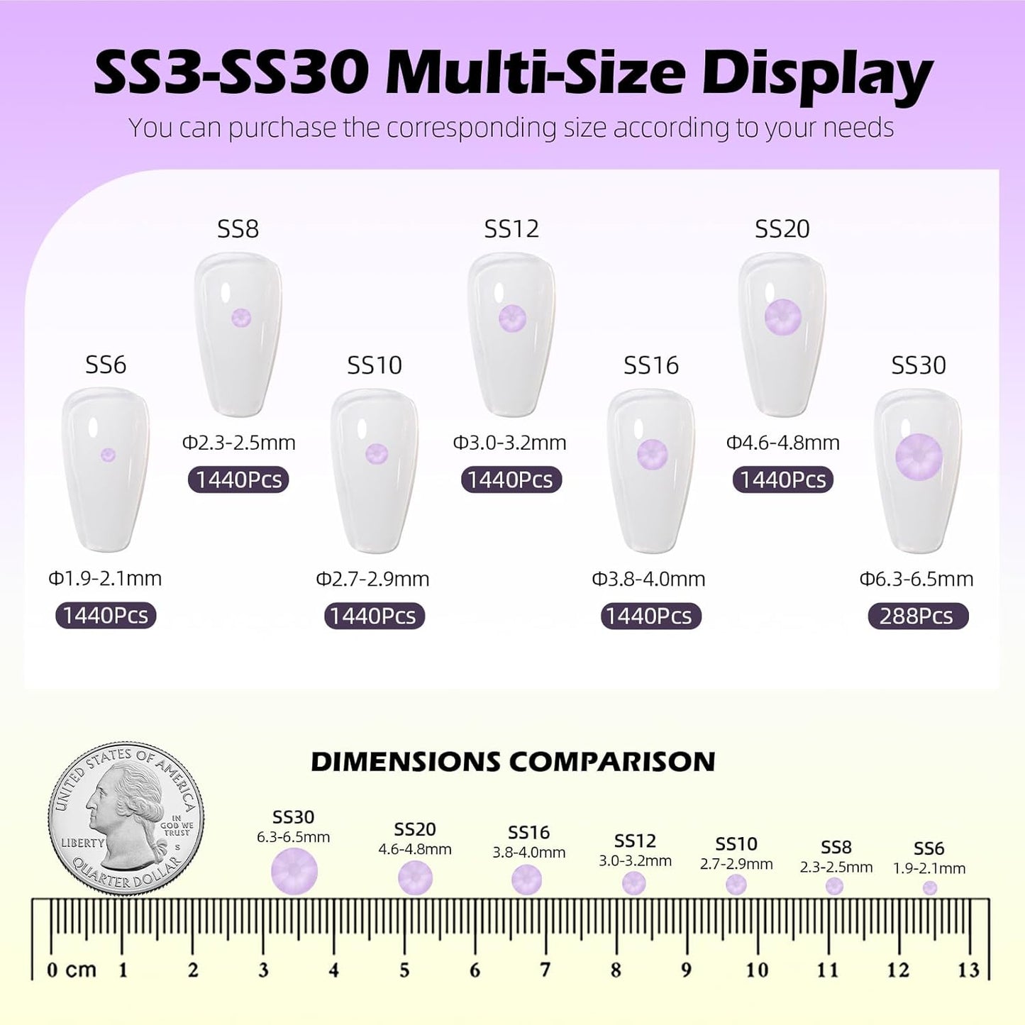 Mocha Lt.Purple Flatback Rhinestones, Glass Rhinestones for Nail Art and Craft, Glue Fix, Loose Crystal Gemstones(Mocha Lt.Purple, SS12, 1440pcs, 2.9-3.0mm)