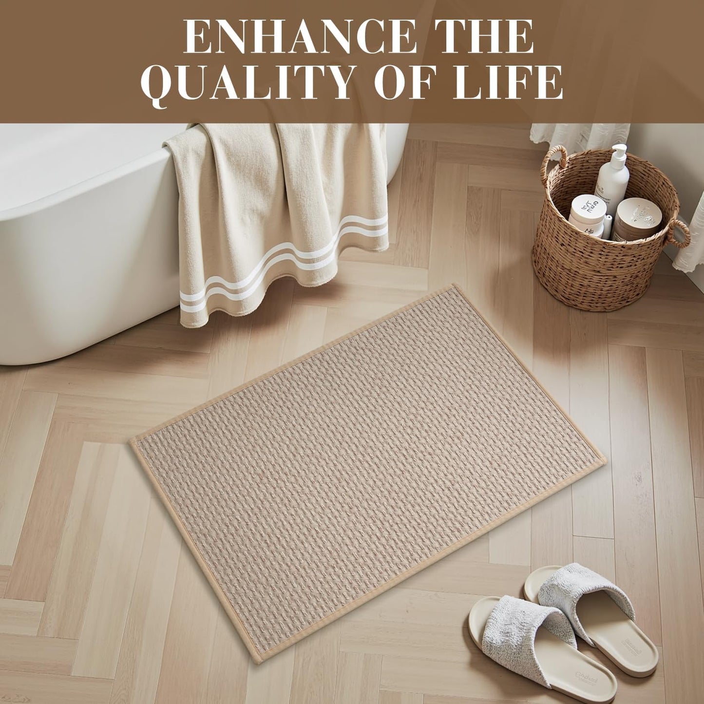 RESARE Non Slip Bath Mat - Machine Washable Bathroom Rugs, Super Absorbent Bath Mat Quick Dry Bathroom Mat, Bath Rugs Ultra Soft Rugs for Bathroom Floor, 17"x30" Beige