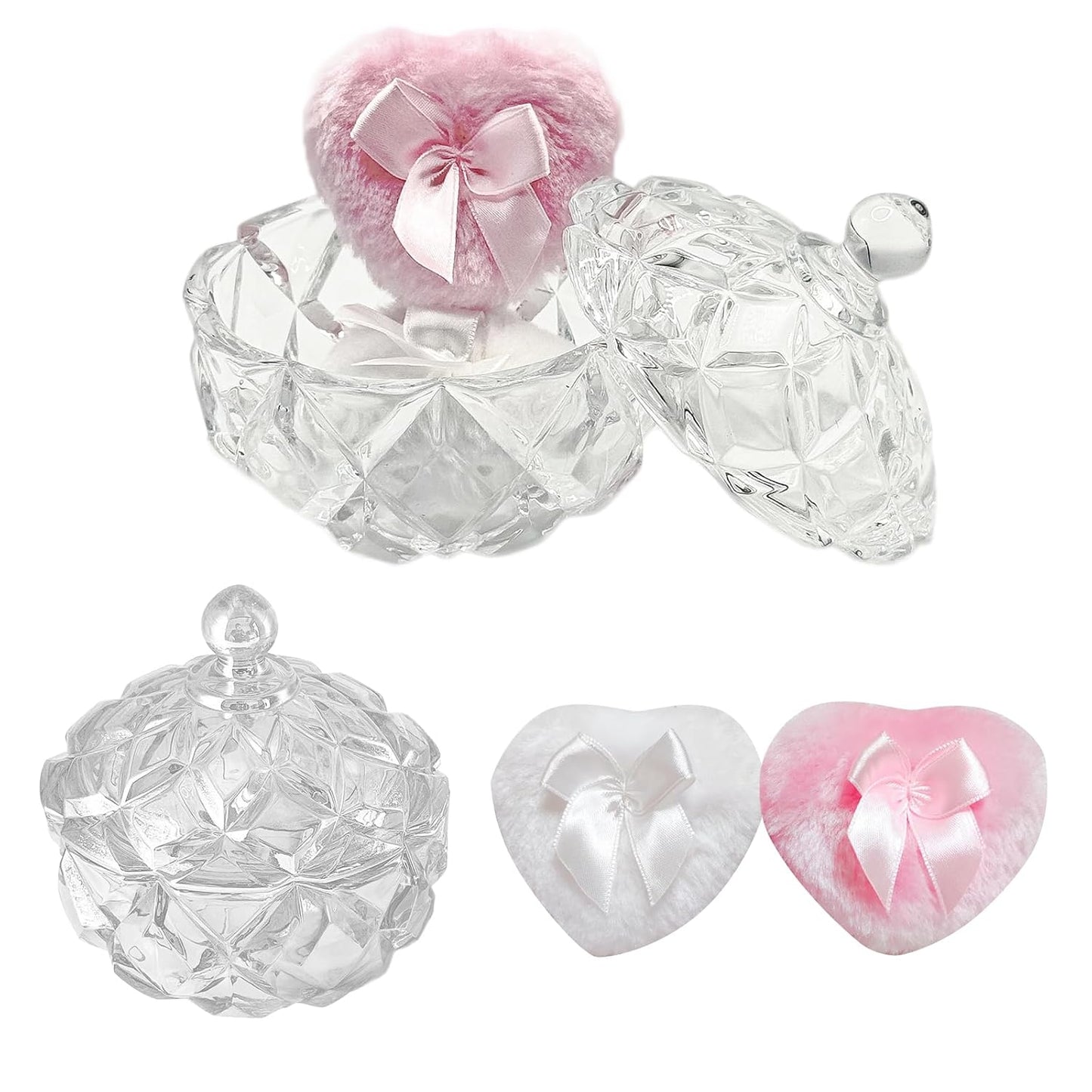 Body Powder Puff and Container - Glass Dusting Powder Container with 2 Soft Puffs Vintage Powder Puff Case for Women & Girls (3.94x3.94x4.53 H IN) - GRB012-Transparent