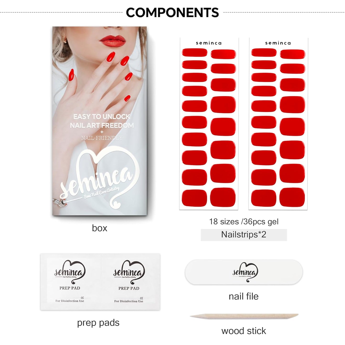 Semi Cured Gel Nail Strips-Salon Quality Work Nails Basic Red Colors Quick and Easy Apply Nail Stickers 60s Quick Dry Manicure Set Works with Any UV/LED Lamps(Red)