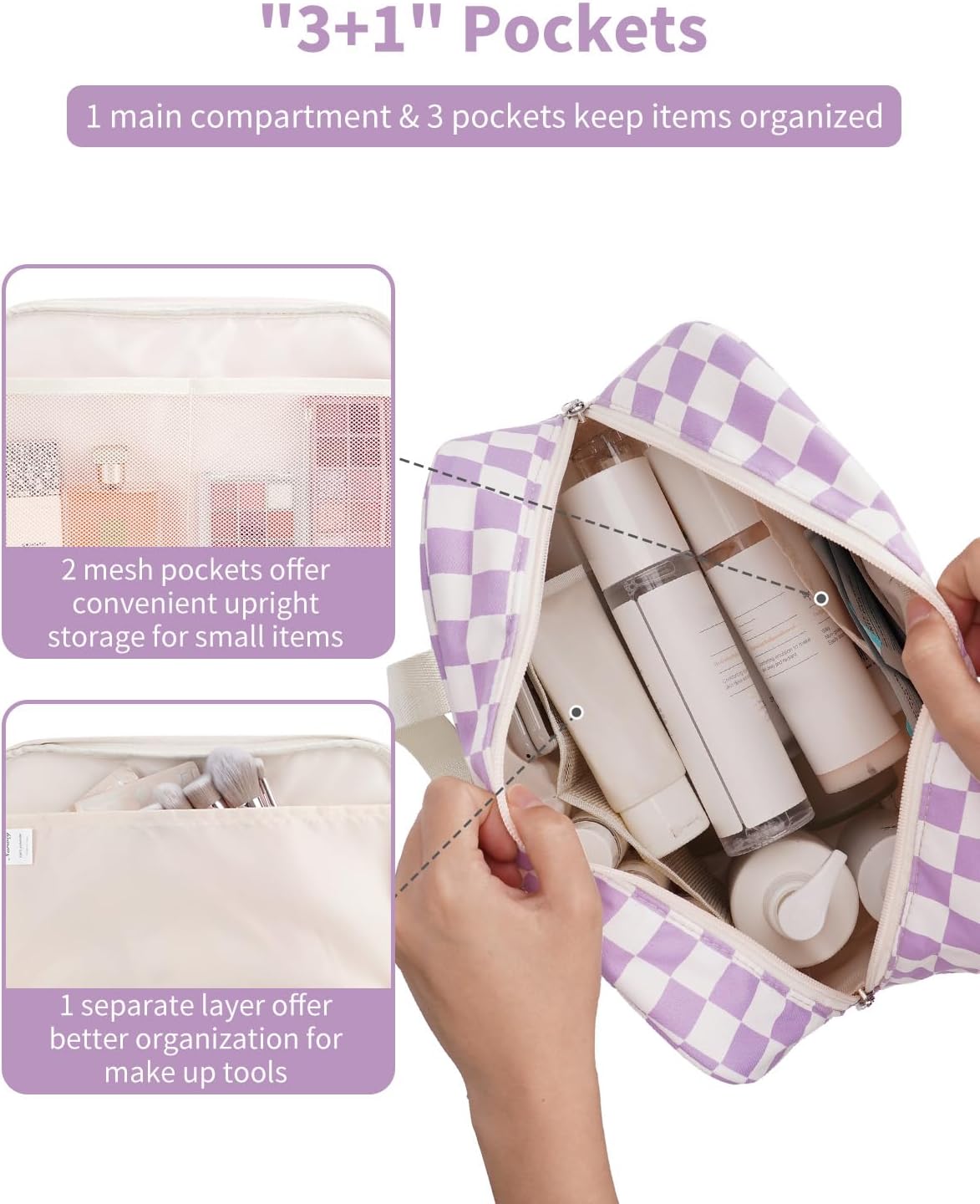 Narwey Large Checkered Travel Toiletry Bag Women Toiletries Bag Makeup Bag with Handle Make up bag Organizer Cosmetic Bag Medicine Bag for Girls (Purple Checkerboard, Large)