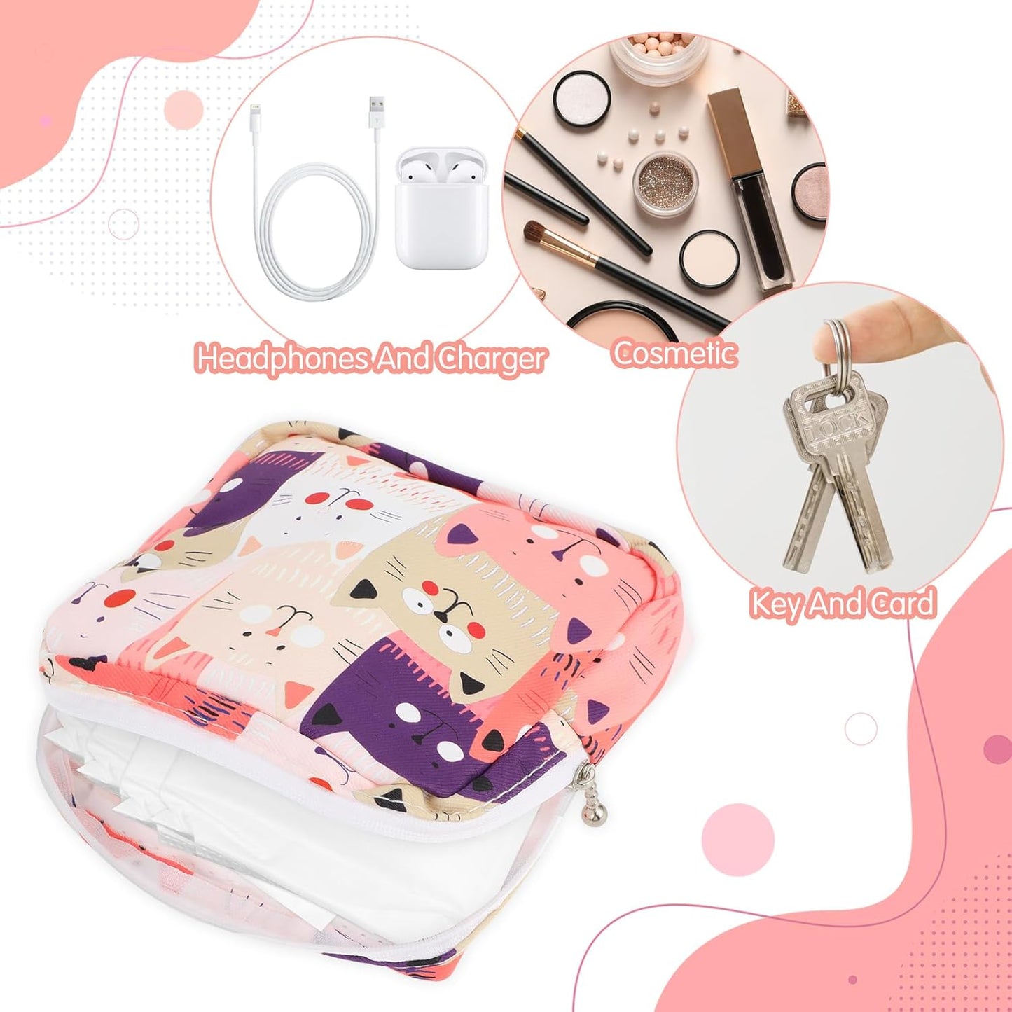 Sanitary Napkin Storage Bag, Portable Period Bags for Teen Girls, Tampon Disposal Bags Teen Pads Feminine Product Organizer, First Period Kit Pouch for Girls (Cat)