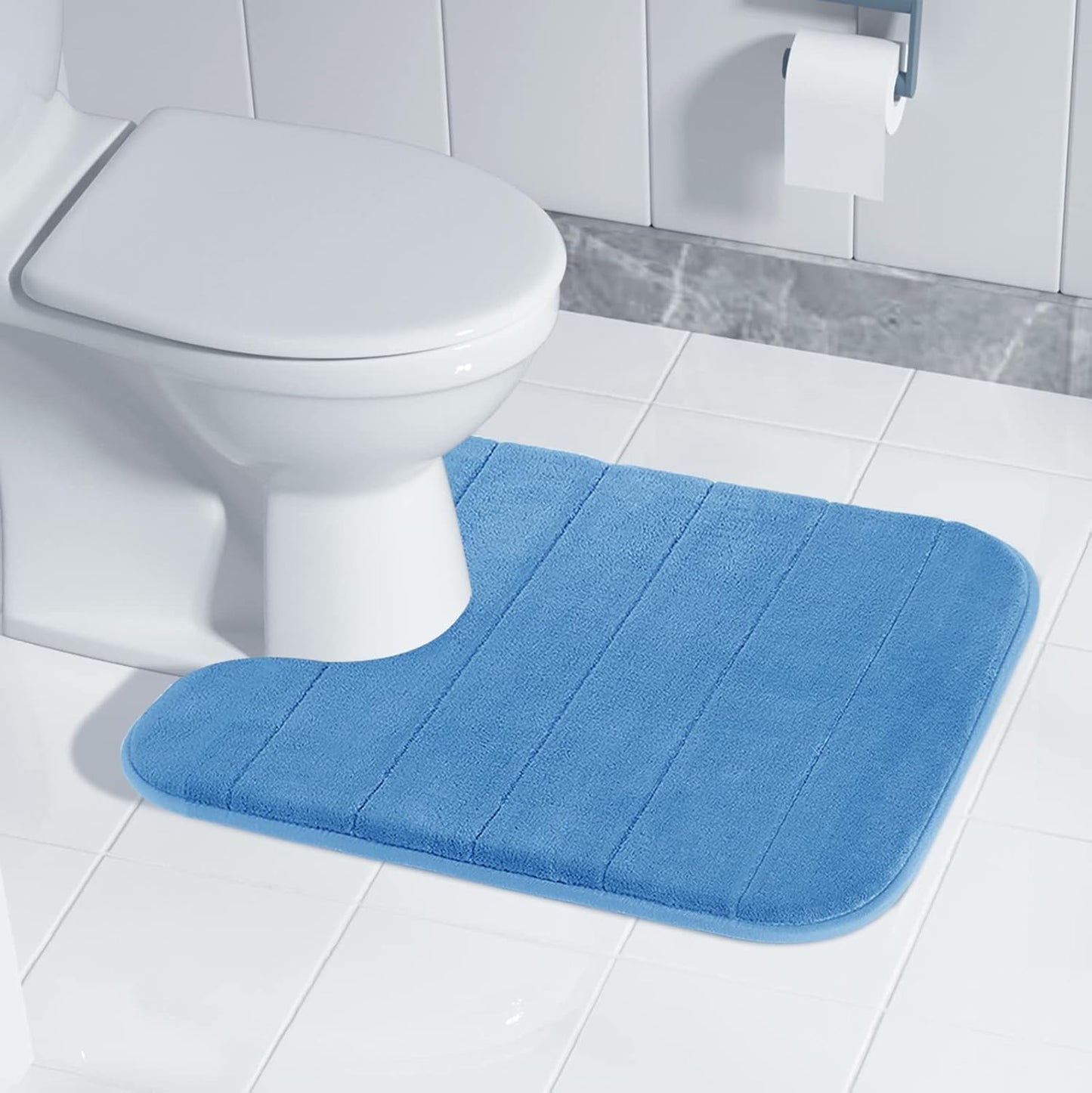 Yimobra Memory Foam Toilet Bath Mat U-Shaped, Soft and Comfortable, Super Water Absorption, Non-Slip, Thick, Machine Wash and Easier to Dry for Bathroom Commode Contour Rug, 24 X 20 Inches, Blue