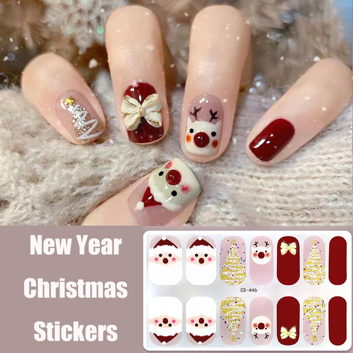 Christmas Gel Nail Strips Stickers Santa Claus Gel Nail Stickers Cute Reindeer Gold Glitter Xmas Trees Design Christmas Full Wrap Winter Gel Nail Decals for Women DIY New Year French Manicure 4Sheets