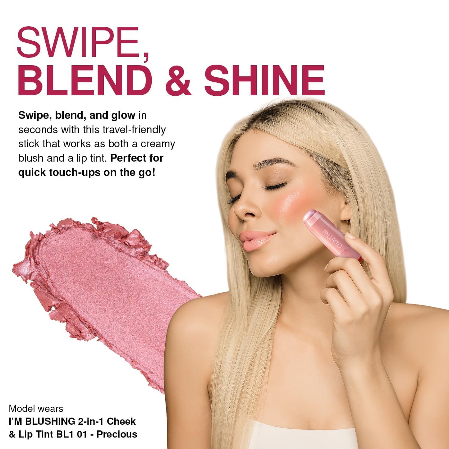 Palladio I'm Blushing 2-in-1 Cheek and Lip Tint, Buildable Lightweight Cream Blush, Sheer Multi Stick Hydrating formula, All day wear, Easy Application, Shimmery, Blends Perfectly onto Skin, Lovely