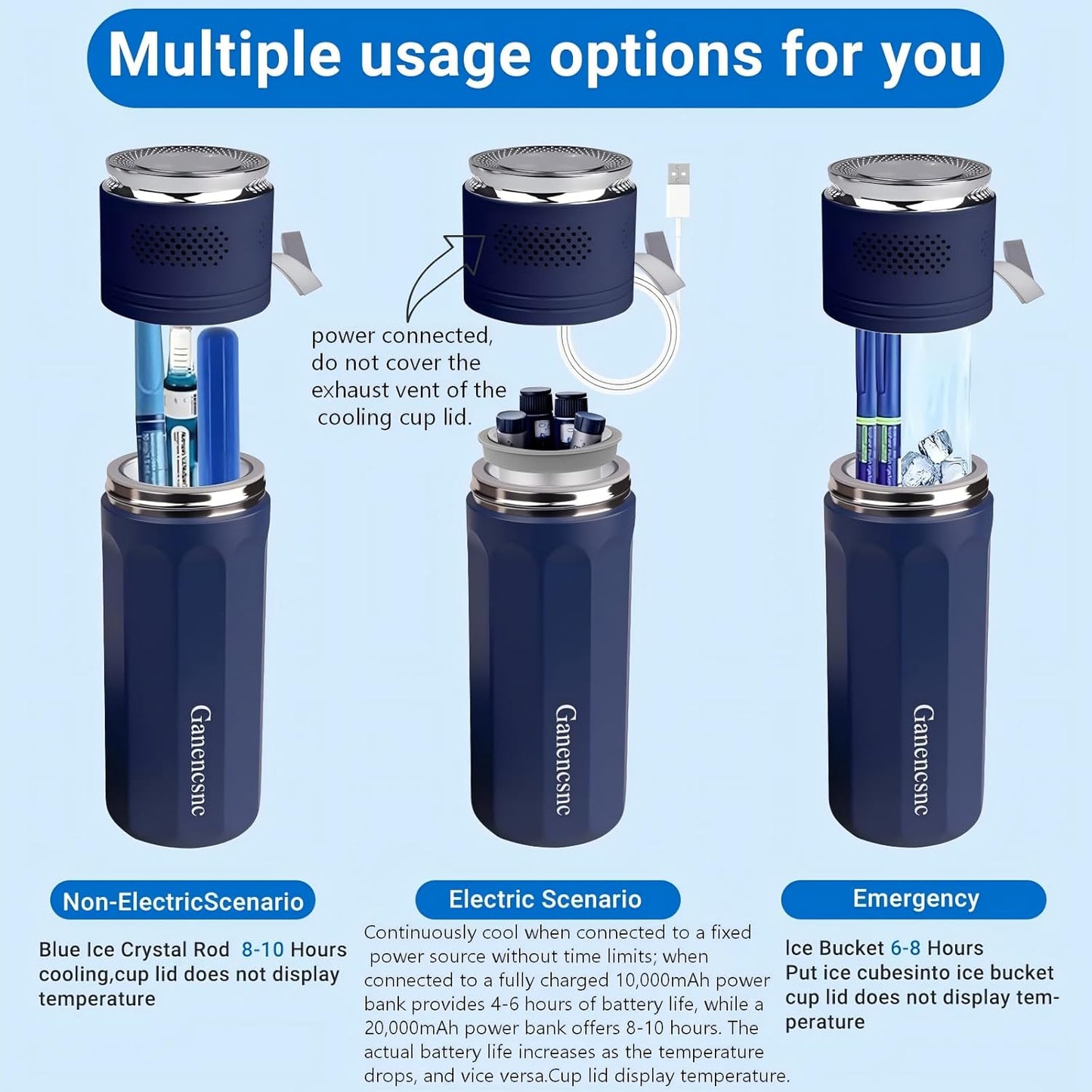 Electric Insulin Cooler Travel Case TSA Approved，USB Type-C Smart Cooling, 10000mAh Power Bank ，Large Capacity Medication Cooler for Travel ，Medical Cooler for Insulin (Blue, no Power Bank)