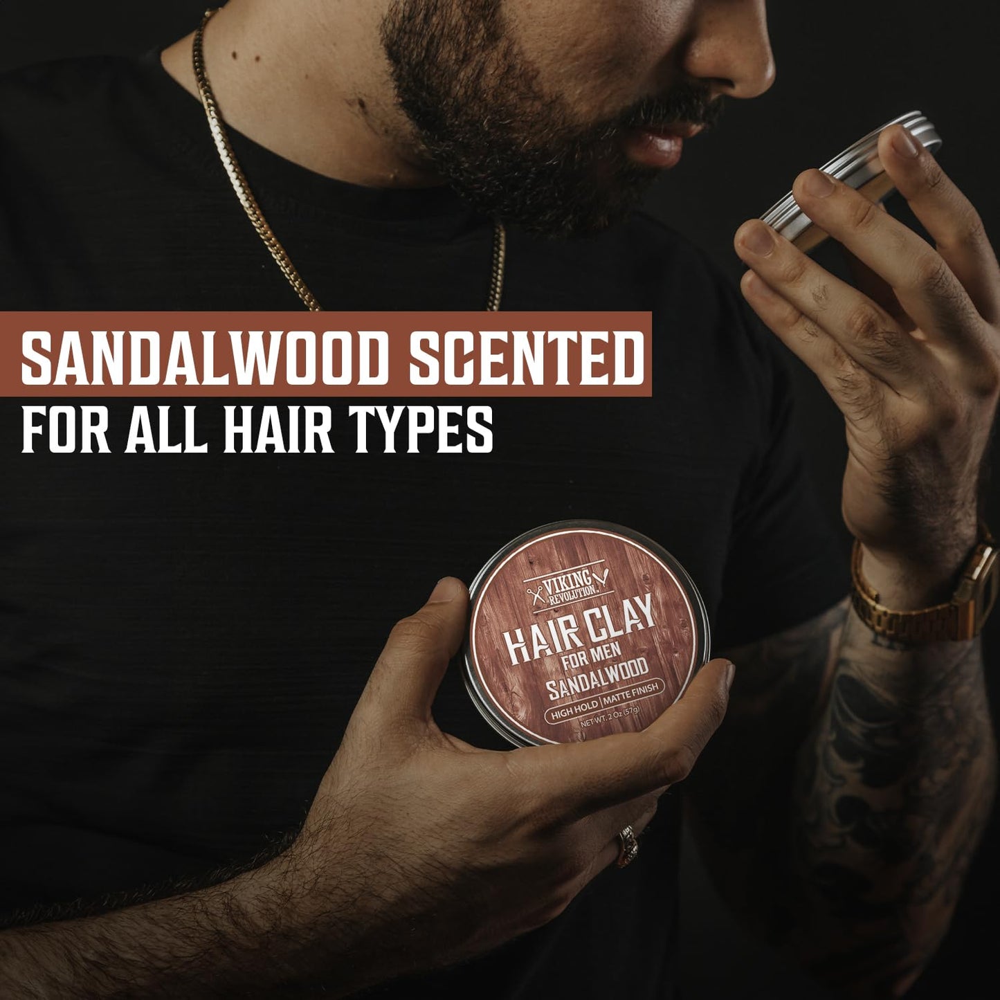 Viking Revolution Sandalwood Hair Clay for Men - Matte Finish Mens Hair Clay - Texturizing Clay Hair Product Men with Jojoba and Vitamin E - Clay Pomade for Men Effortless Hair Styling Cream (2 oz)