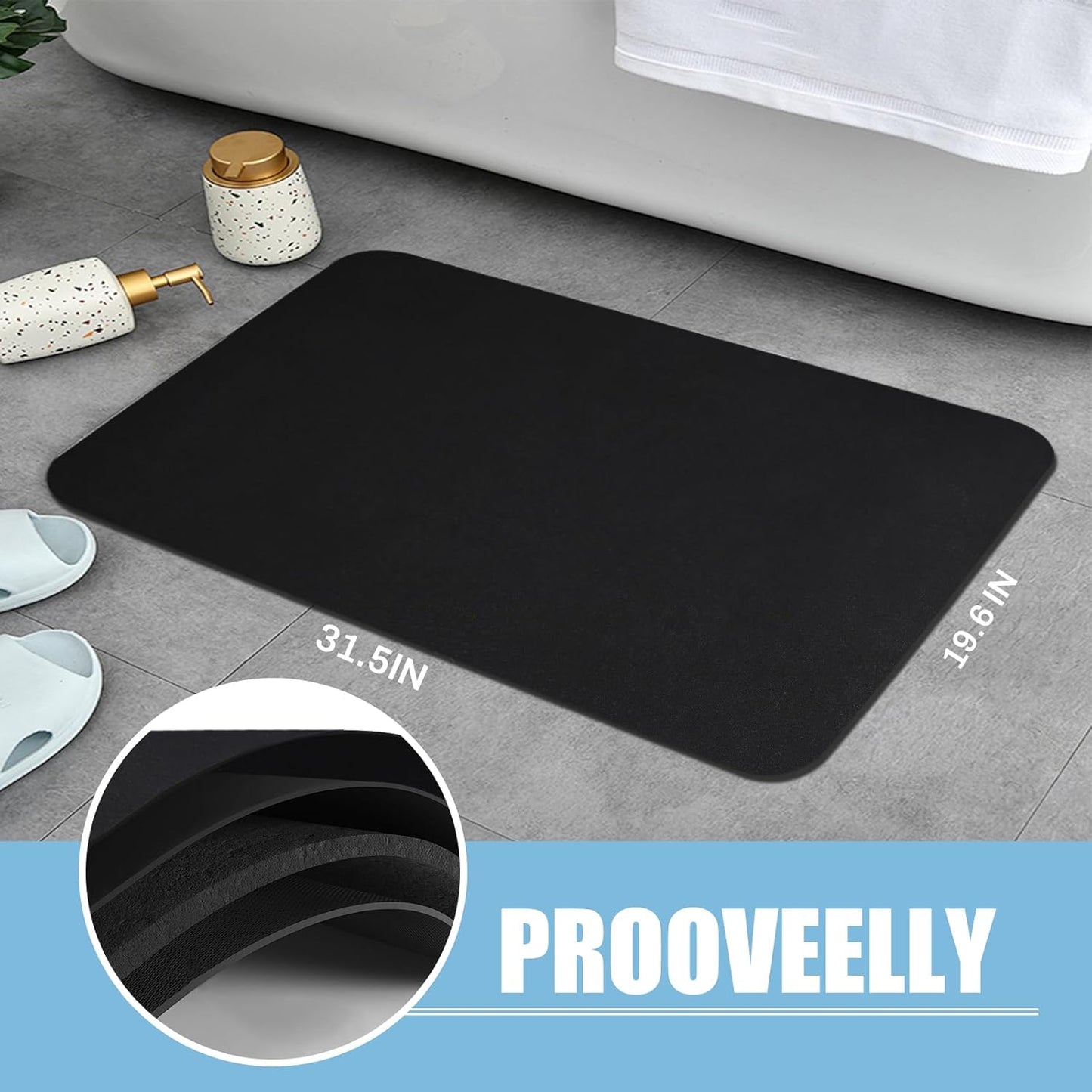 Diatomaceous Earth Bath mat Bathroom Rugs Super Absorbent Quick Dry Non Slip Bath Mat Thin Bathroom Floor Mats Fit Under Door-Shower Rug for in Front of Bathtub Shower, Black, 15.7"x35.4"