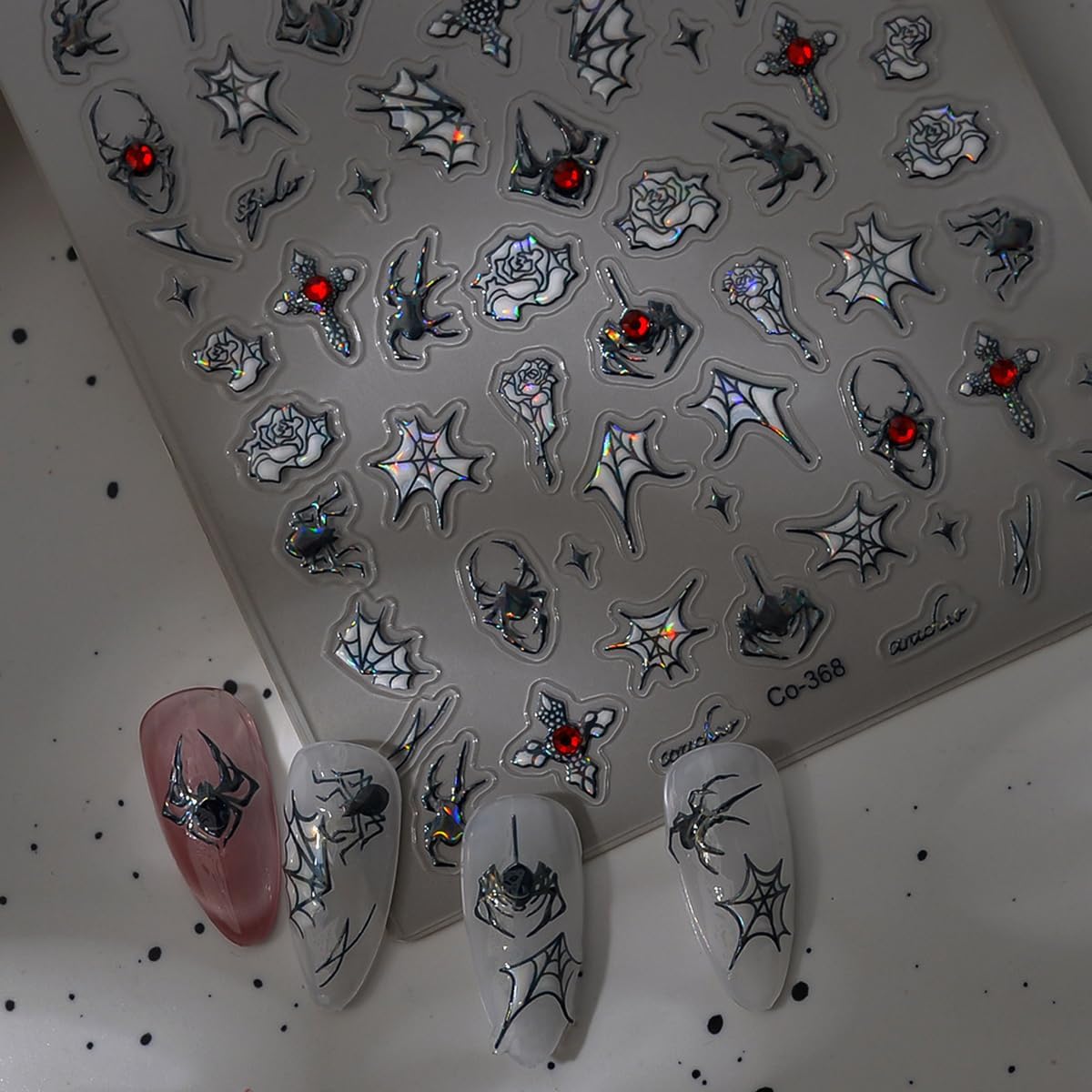 Spider Web Nail Stickers Flower Nail Decals with Rhinestone Design 5D Self Adhesive Nails Art Stickers Charms Supply for Women Girls Kid Halloween Manicure DIY Decoration Accessories