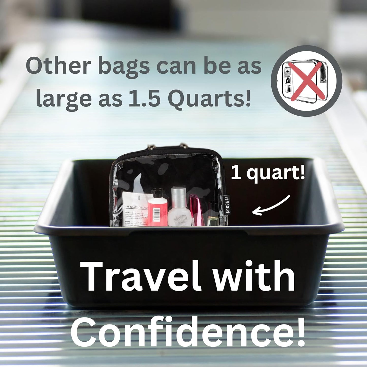 BORSALI TSA-Approved Quart-Sized Bag for Carry-On Travel - One (1) Quart Clear Toiletries, Cosmetic and 3-1-1 Liquids Toiletry Bag - 5 Pack Colors