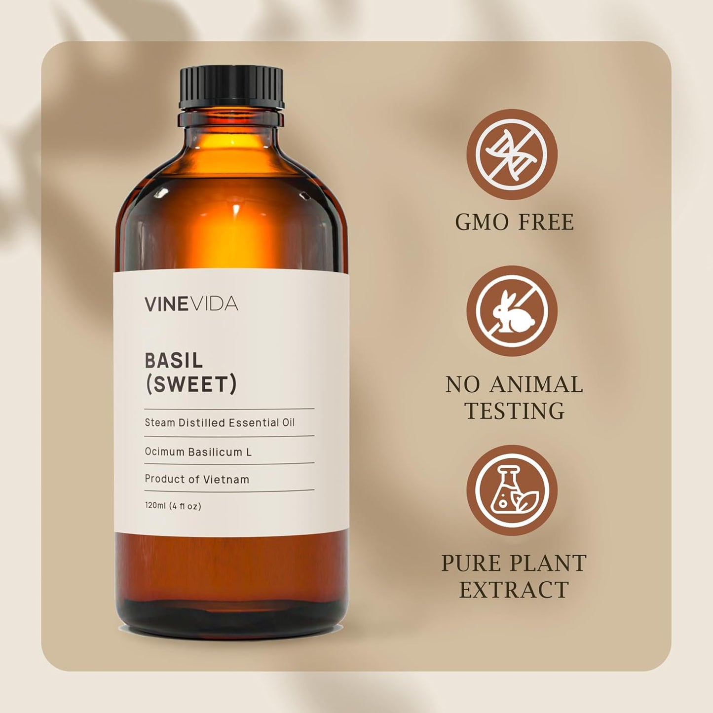 VINEVIDA Sweet Basil Essential Oil 4 oz - Undiluted Oil - DIY Candle Scents - Bulk Oil for Soap Making - Safe for Skin