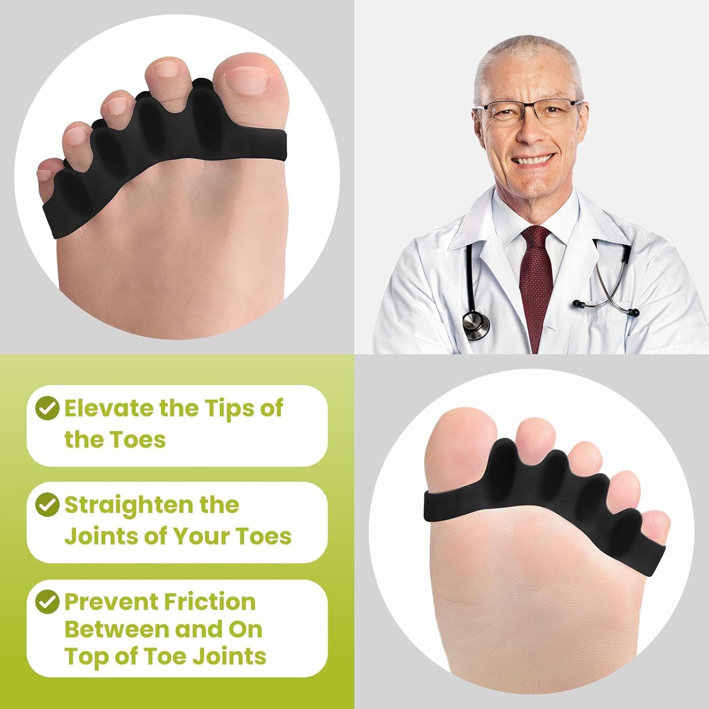 Bukihome Toe Separators, 4 Pair Soft Gel Toe Spacers to Correct Bunions, Toe Stretcher for Therapeutic Relief from Plantar Fasciitis, Claw Toes,Hammer Toes, Foot Pain for Women & Men (Black+M)
