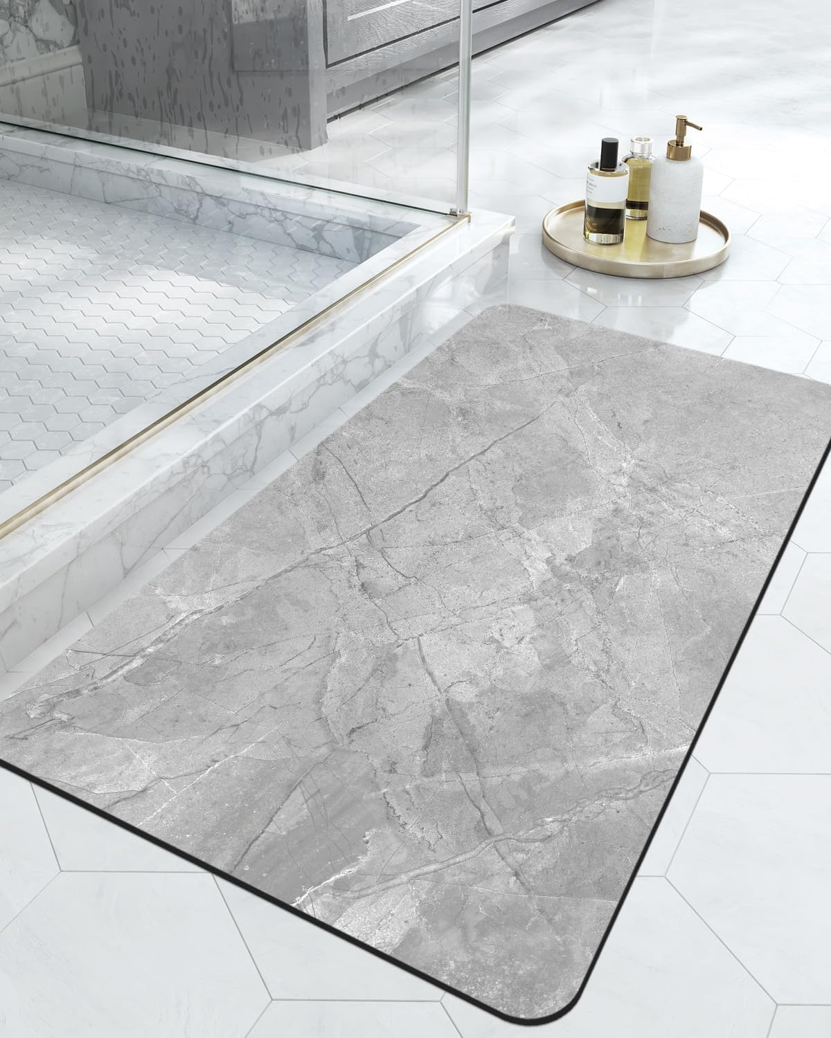 DEXI Bath Mat 17x32, Non Slip Quick Dry Rugs, Super Absorbent Ultra Thin Marble Bathmat, Washable Rubber Mats for Shower Floor, in Front of Bathtub, Sink, Bathroom Accessories Decor, Light Grey