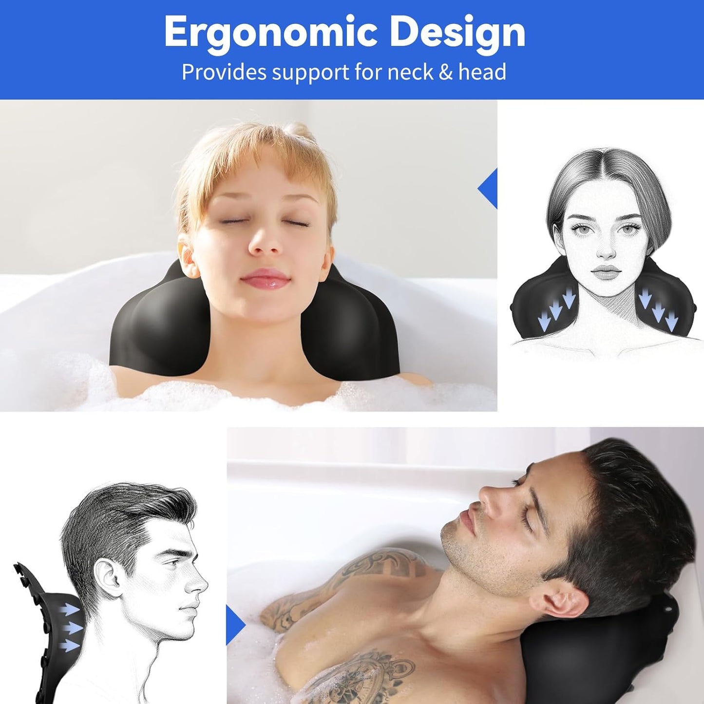 Goowin Bath Pillows for Tub, New Generation Skin-Friendly Silicone Bath Pillow, Luxury Bathtub Pillow for Head and Neck, Powerful Suction Tub Pillow for Bathtub with Inflatable Airbag (Black)