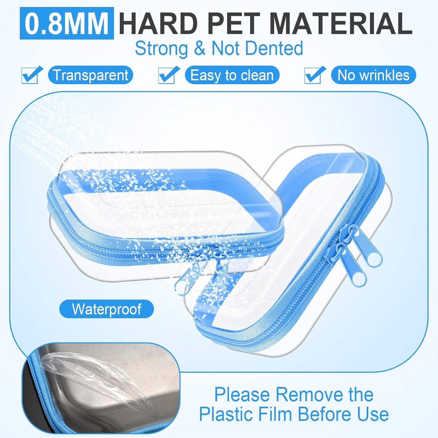 Hoolerry 3 Pcs Clear Hard Zipper Case Plastic Pouch Transparent Hard Case Clear Makeup Bag Portable Travel Organizer Bin for Cosmetics, Building Blocks, Puzzles(Blue,Xs)