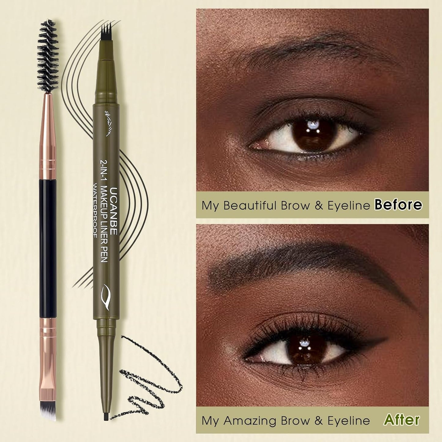 UCANBE Eyebrow Pencils for Women with Spoolie Brush, Dual-Ended Eyebrow Pen with 4-Fork-Tip & Gel Eyeliner, Microblading Brow Pen with Eyeliner Pencil + Brow Brush for Hair Like Brows, Soft Black
