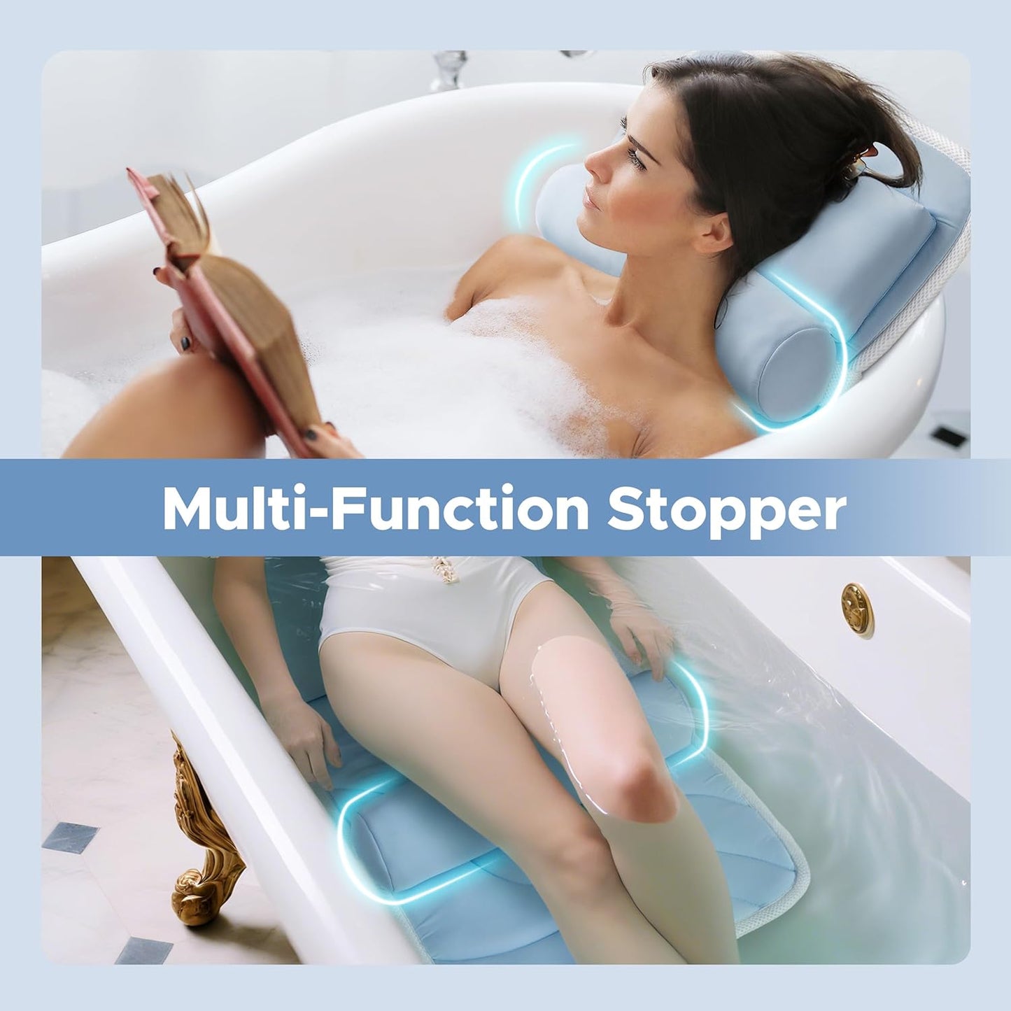 Sunlit Ultra Soft Full Body Bath Pillow for Bathtub, Luxury Thick Tub Pillow for Head Neck Back Support with Lumbar Pillow Multi-Function Stopper, Spa Pillow with Strong Suction Cups, Bath Accessories