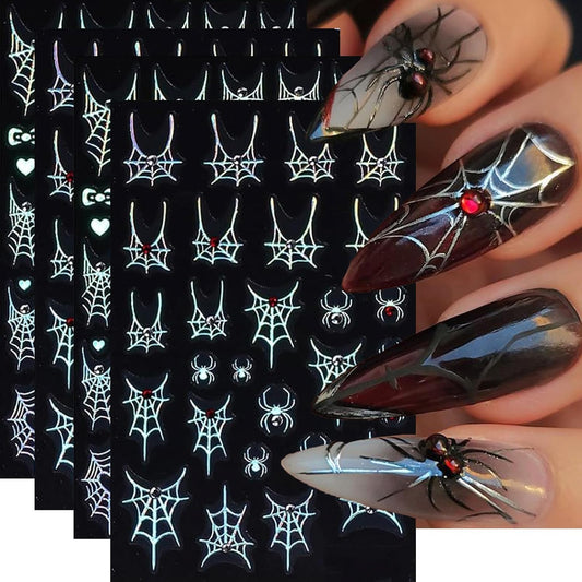 Halloween Nail Art Stickers Decals 4PCS Laser Silver Spider Web Spider Nail Decals with Rhinestone Spider Web Bow Heart Spider Nail Art Supplies Cute Nail Stickers for Women Halloween Manicure Decor