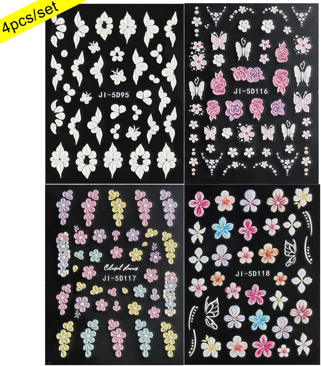 Flowers Nail Stickers 4 Sheets 5D Embossed Floral Nail Decals, Summer Neon Nail Design, 3D Acrylic Engraved Hibiscus Flowers Rose Butterfly Stickers for Nail Art Pegatinas Uñas