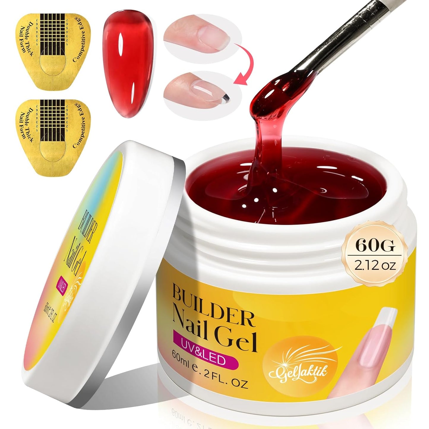 Builder Gel for Nails, 60g Creamy Amber Hard Gel for Nail Extension with 10 Nail Forms, Strengthener & Thickening, UV LED Lamp Cured Sculpture, Repair Broken Nails, Salon DIY Manicure Kit