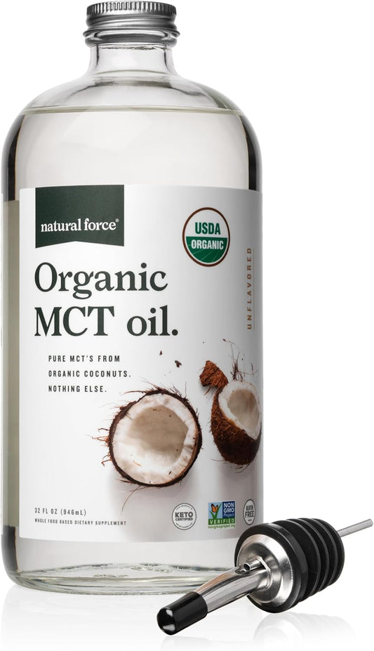 Natural Force Organic MCT Oil – Pure Glass Bottle – Made from 100% Cold Pressed Virgin Coconut Oil + Certified Keto, Paleo, Kosher, Vegan & Non-GMO – Lab Tested for Quality and Purity - 32 Ounce