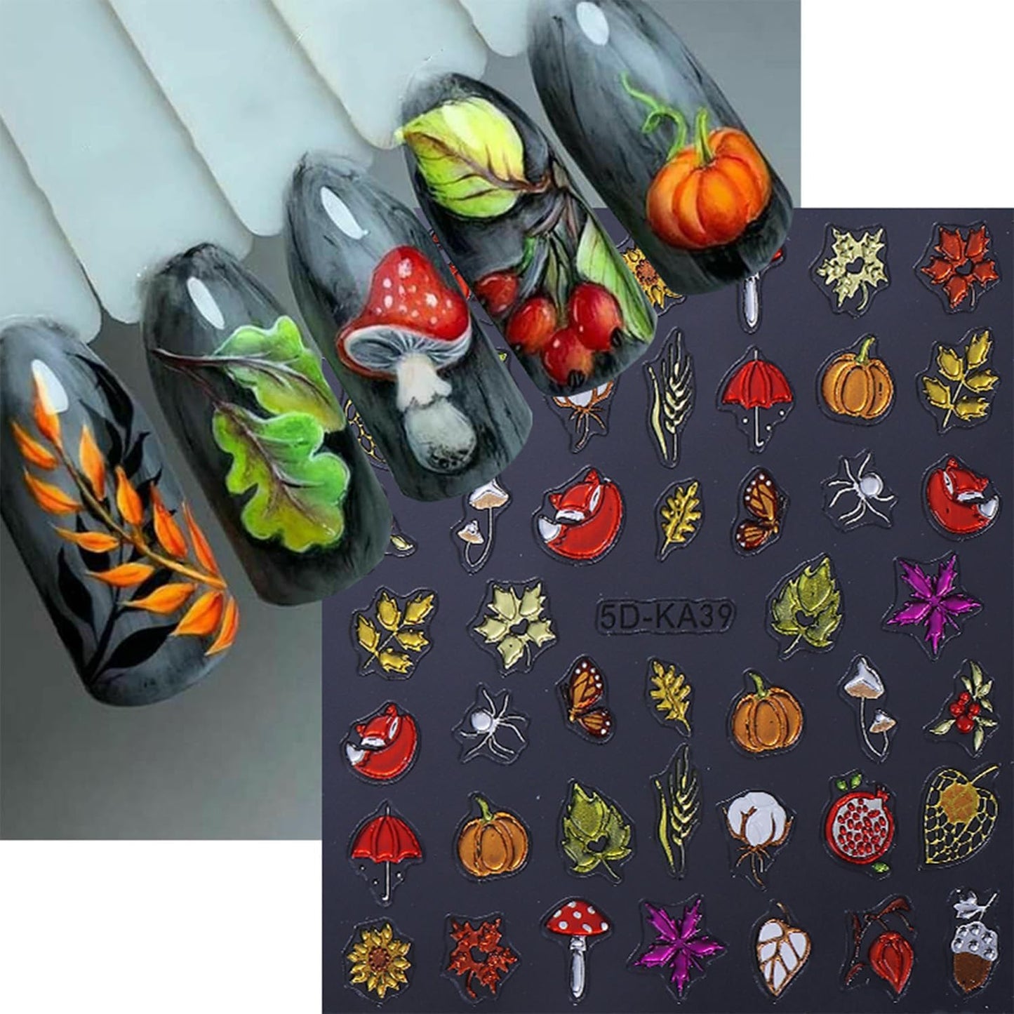 Fall Nail Stickers Thanksgiving Day 5D Embossed for Pumpkin Fox Maple Leaves Glitter Nail Art 3D Self-Adhesive Nails Decoration Autumn Holiday Nail Decals DIY for Women Girls Nail Supplies