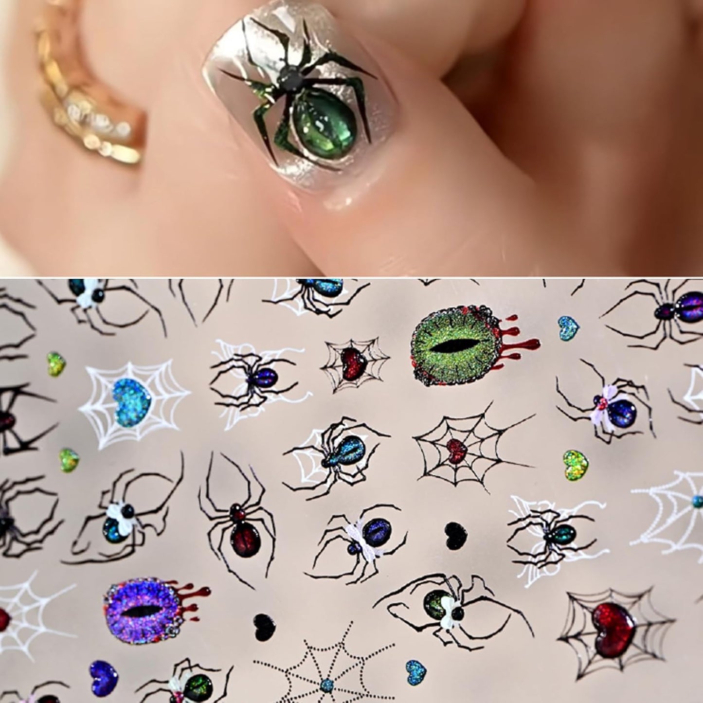 5D Embossed Spider Nail Art Stickers Halloween Nail Stickers Sparkling Eyes Spider Web Nail Decals Gothic Design Manicure Decoration for Women Girls Holiday Nail Supplies 1 Sheets