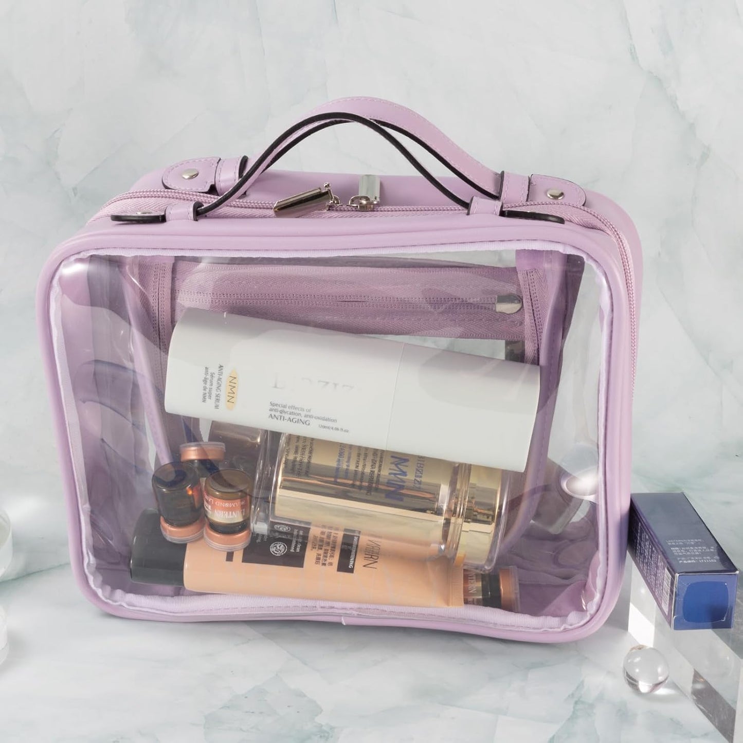 SANHECUN traveling toiletry bag large clear cosmetics case makeup bag Dimensions | LxWxH:10” x 4.5” x 7.5” (Purple, Medium)