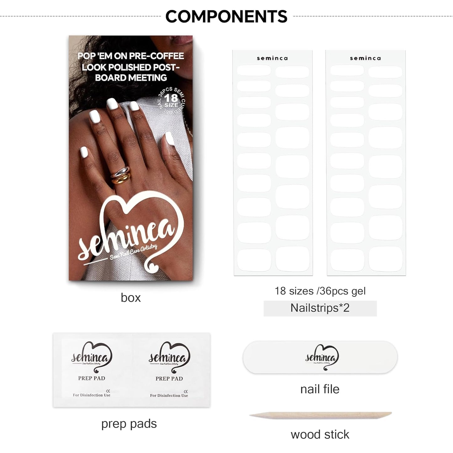 Semi Cured Gel Nail Strips-Gel Nail Polish Neutral Colors 36pcs DIY Salon Nails at Home for Teens & Adults Hot Yoga Proof Nail Wraps Works with Any UV/LED Lamps(White)