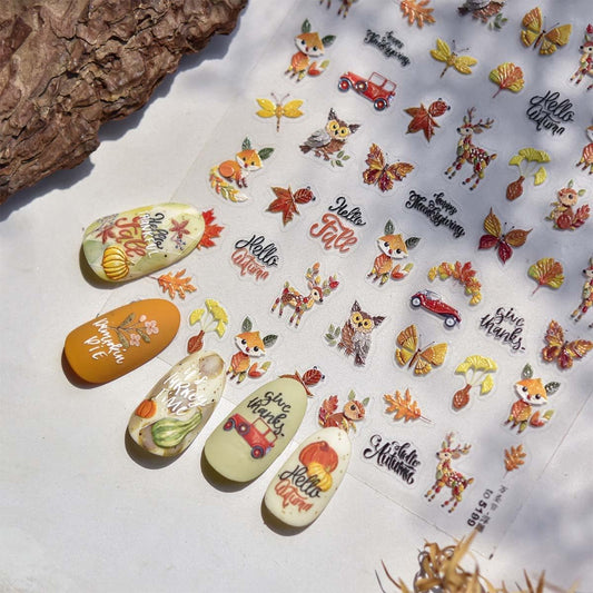 Fall Nail Sticker 5D Embossed Autumn Nail Decals Maple Leaf Design Butterfly Nail Art Sticker Cute Nails Art Decals Plants Animals Nails Supplies for Women Holiday DIY Manicure 1 Sheet